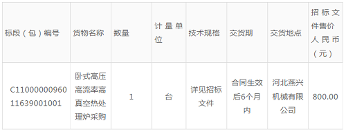 河北燕興機械有限公司臥式高壓高流率高真空熱處理爐采購招標公告